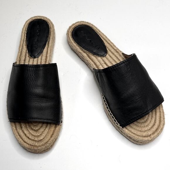 COACH Claudia Black Leather Slide Espadrille Open Toe Sandals S-361 Sz 11 - Picture 1 of 8